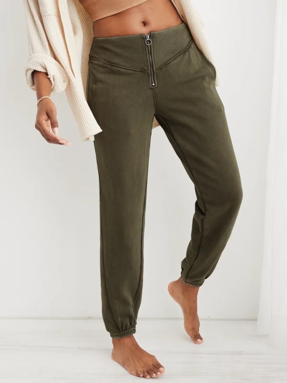 AERIE CORSET JOGGERS Olive Army Green High-Rise Fleece Pants Zip Front Size XS